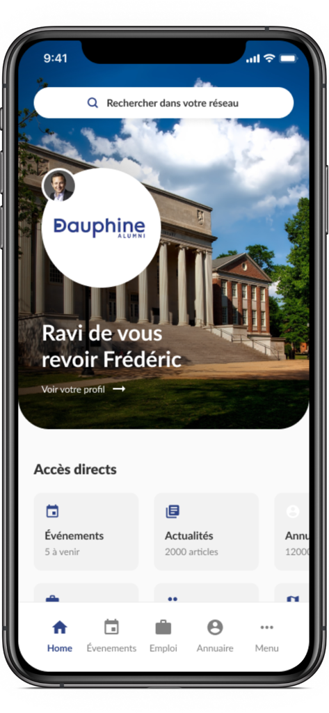 Dauphine Alumni - Mobile application interface for Dauphine Alumni showing the home dashboard with links to events and news