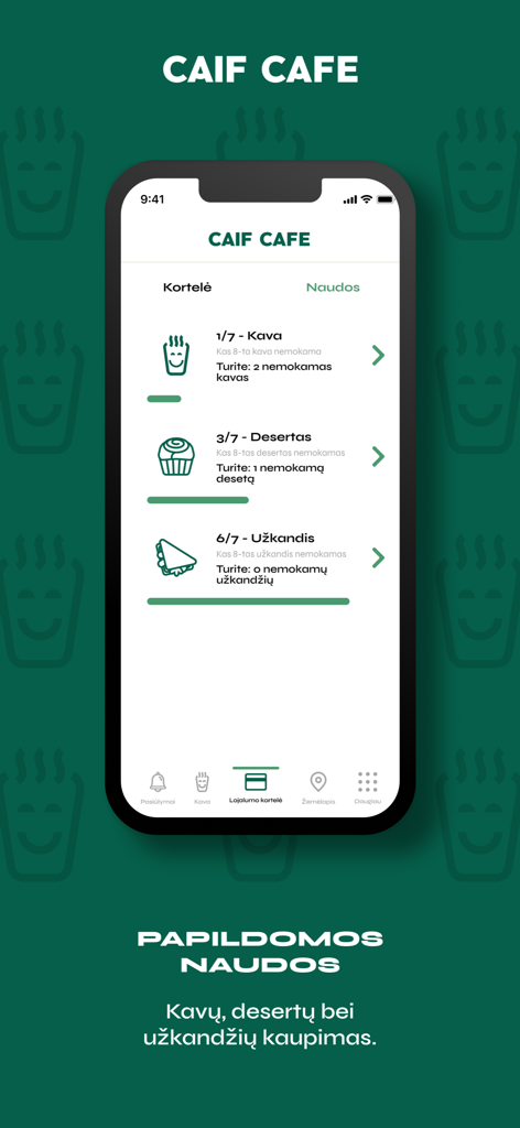 Caif Cafe - Mobile app interface of Caif Cafe showing reward progress bars for coffee desserts and snacks