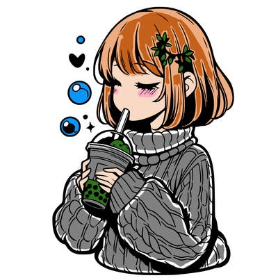 manga girl drinking boba in cozy sweater