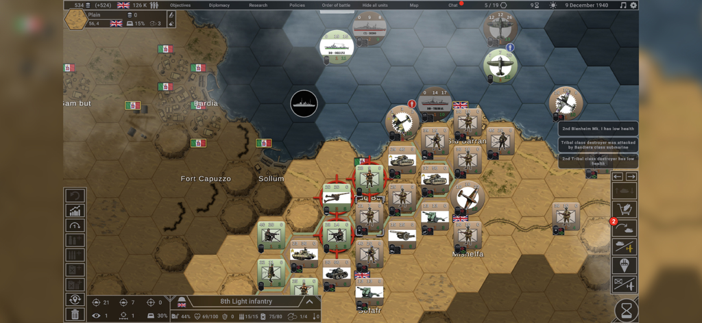 Hex of Steel - Hex-based military strategy game interface showing World War II units on a desert map of North Africa.