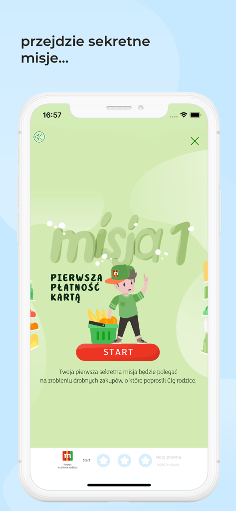 mBank Junior - mBank Junior app screen showing a gamified mission for a child's first card payment with a cartoon character.