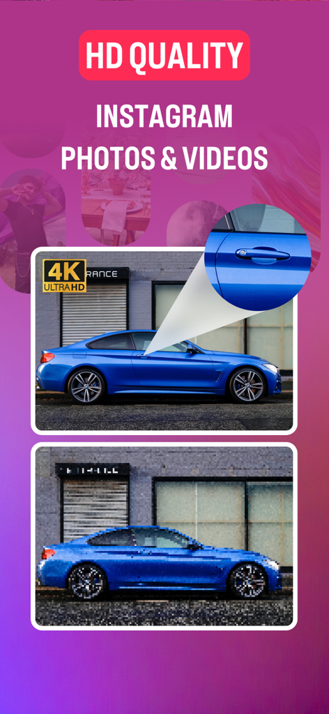 Instadp - Insta Profile Zoomer - Comparação mostrando qualidade de foto do Instagram pixelada versus alta definição no aplicativo Instadp