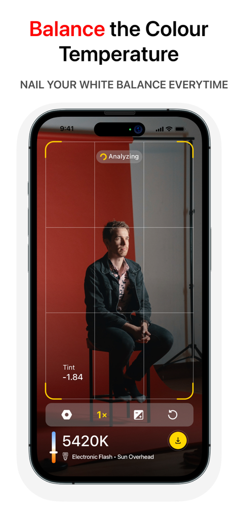White Balance Meter AI - KEV - Interfaz de la aplicación KEV en un smartphone midiendo la temperatura de color en Kelvin para un retrato de estudio