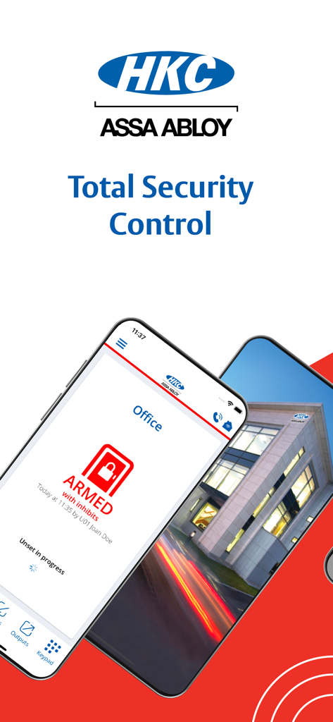 HKC SecureComm 2 - HKC SecureComm 2 mobile app interface showing a remotely armed security system for an office building