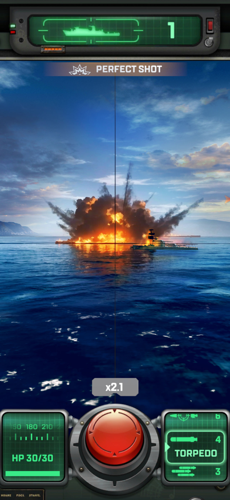Sea War: Raid - First person submarine periscope view of an explosion on an enemy ship with the text Perfect Shot.
