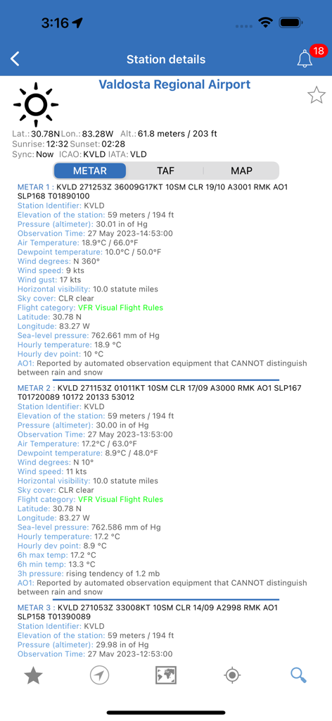 NOAA Aviation Live Sky Weather - Screenshot of NOAA Aviation Live Sky Weather app showing detailed METAR reports and technical flight data for Valdosta Regional Airport.