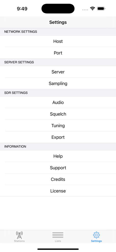 SDR Receiver mobile app settings screen showing network server and hardware configuration options