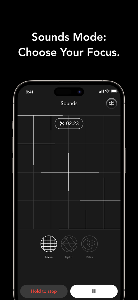 CloudFocus app sounds mode screen featuring ambient focus audio options and timer
