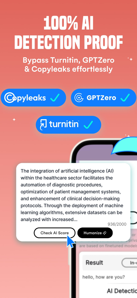 Bypass Al Detector & Humanizer - Interfaz de aplicación móvil que muestra la evasión de detección de IA para Turnitin y GPTZero con el botón de humanizar