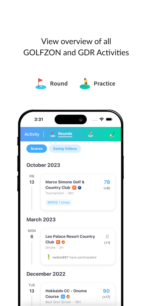 GOLFZON Global app interface showing a summary of golf rounds and scores