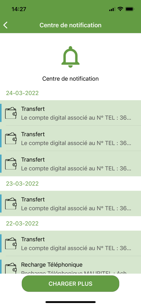 BAMIS DIGITAL - Notification center screen in the BAMIS DIGITAL app displaying transaction history
