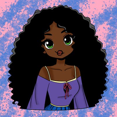 a black anime girl with long afro hair