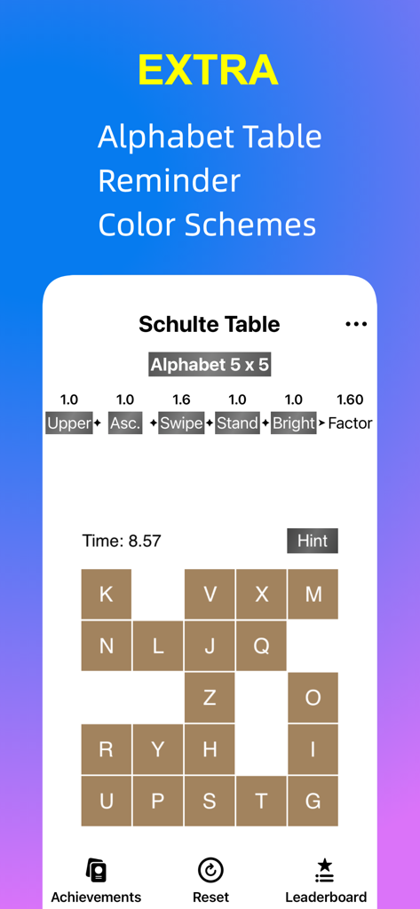 Schulte Table app interface showing a 5x5 alphabet grid mode for brain training and attention focus