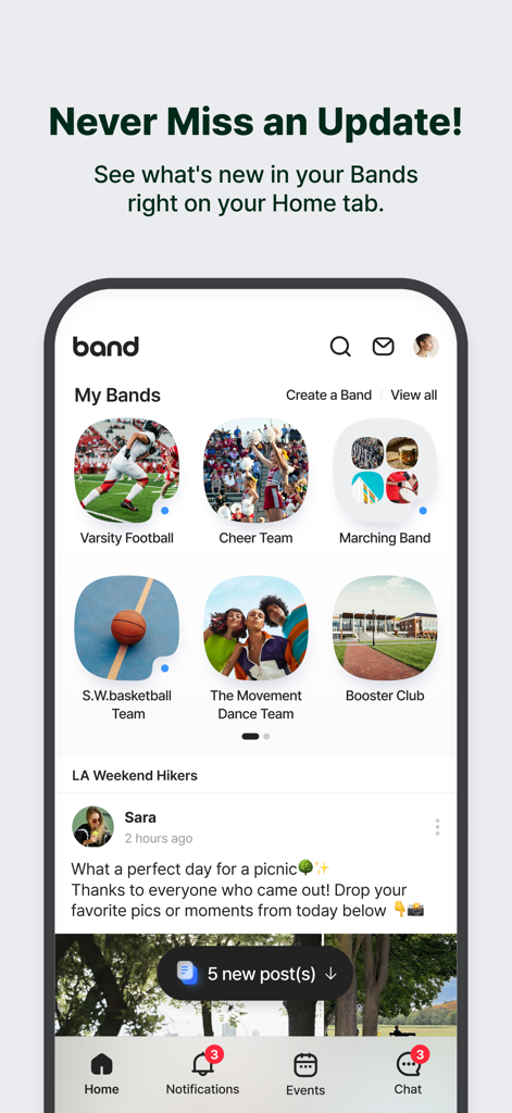 The BAND app home screen displaying various organized group bands and a recent community update.