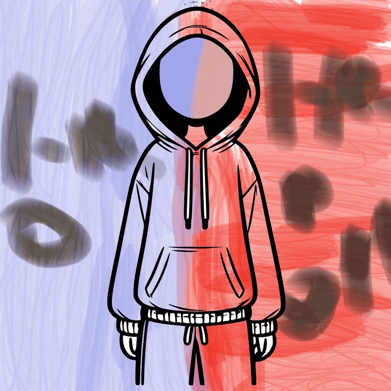 faceless girl in a tracksuit with a hood on and no hair