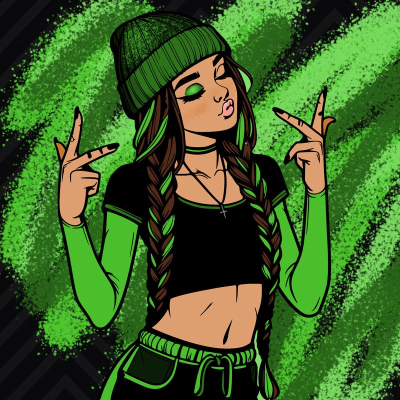 realistic teenage girl with braids and a beanie and crop top doing 🫶🏼