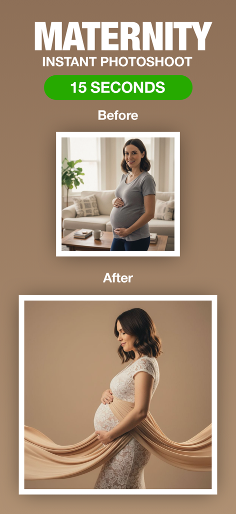 Before and after comparison showing a casual pregnant woman's photo transformed into a professional studio maternity portrait using AI.