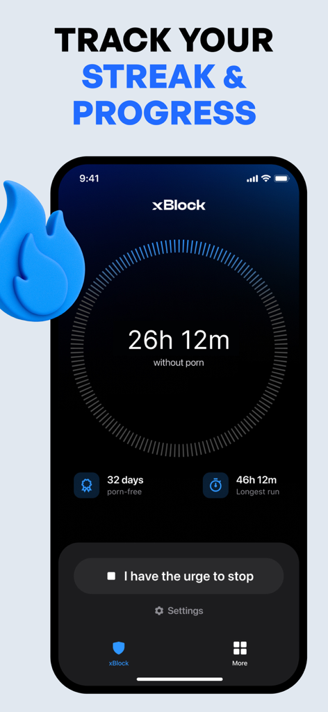 xBlock - Porn Blocker | No Nut - xBlock App-Oberfläche, die einen Streak-Zähler und die Gesamtzahl der pornofreien Tage zur Fortschrittsverfolgung anzeigt
