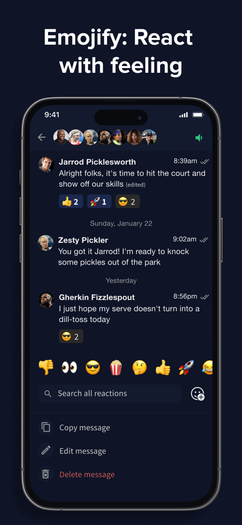 Loop Messenger - Loop Messenger chat interface showing message emoji reactions and message management options.