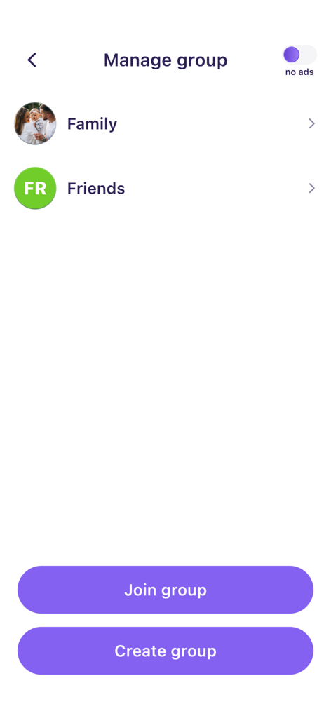 Interfaz de gestión de grupos en la aplicación 'Localizador familiar' que muestra listas de familiares y amigos con botones para unirse y crear grupo