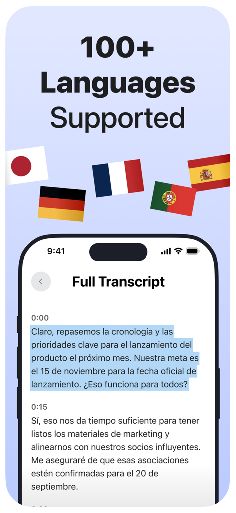 Echo – AI Meeting Note Taker - An iPhone screen displaying a meeting transcript in Spanish with flags representing over 100 supported languages.