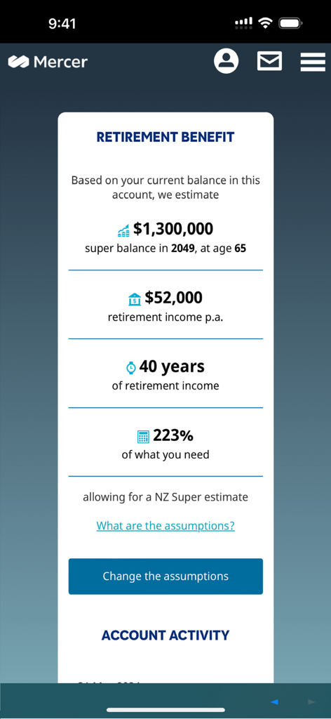 Mercer NZ - Captura de pantalla de la aplicación Mercer NZ que muestra proyecciones de beneficios de jubilación, incluido el saldo estimado de la superannuation y los ingresos anuales de jubilación.