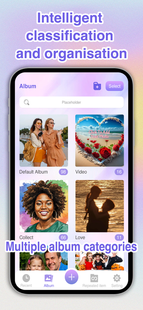 Photo Maker：Frame,Filter,Lock - Mobile app interface showing intelligent photo classification into categories like Video Collect and Love