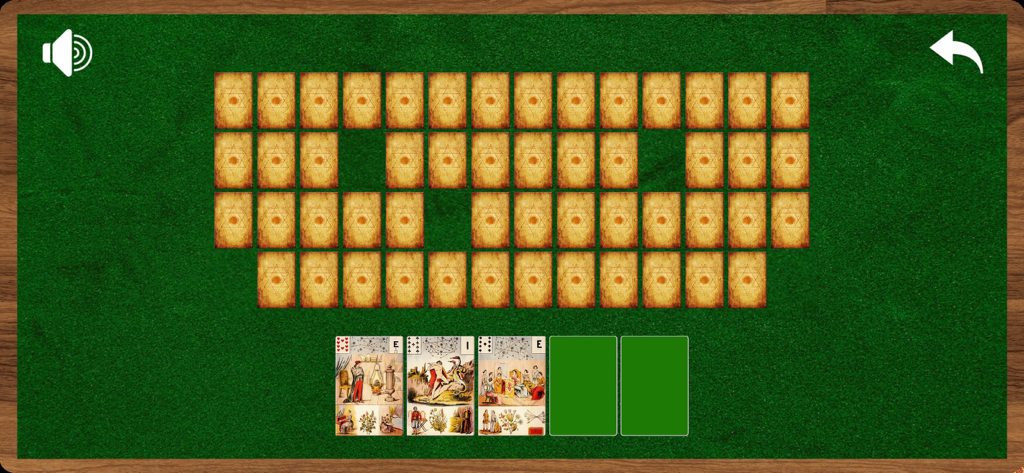 Una tirada de cartas de tarot digital en la aplicación Lenormand Tarot con cartas ilustradas vintage sobre un fondo de fieltro verde.