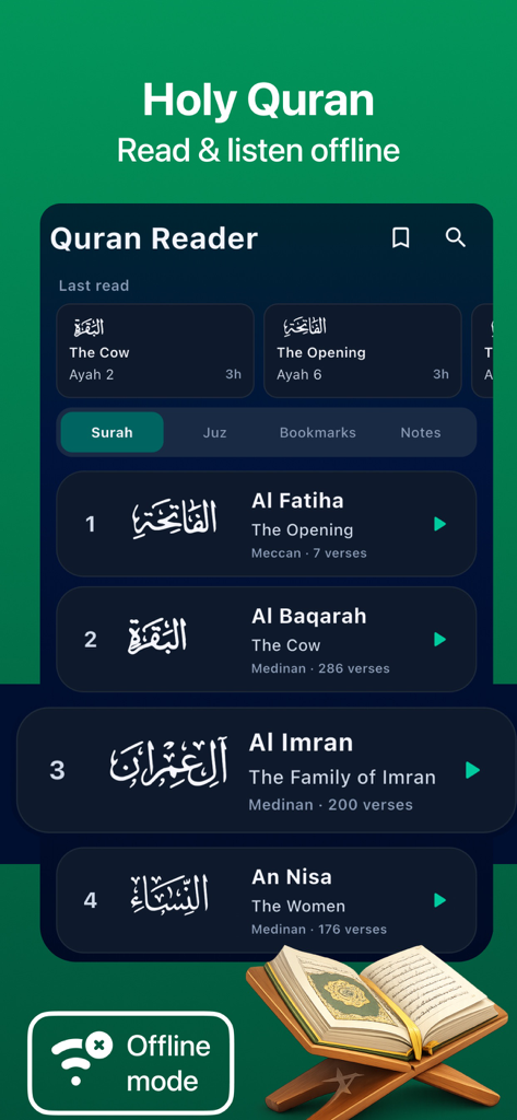 Muslim Bro: Prayer & Quran - Muslim Bro app screen showing the Holy Quran reader with offline listening mode and a list of surahs