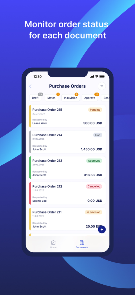 Precoro - Precoro mobile app interface showing a list of purchase orders with status tags like pending approved and cancelled
