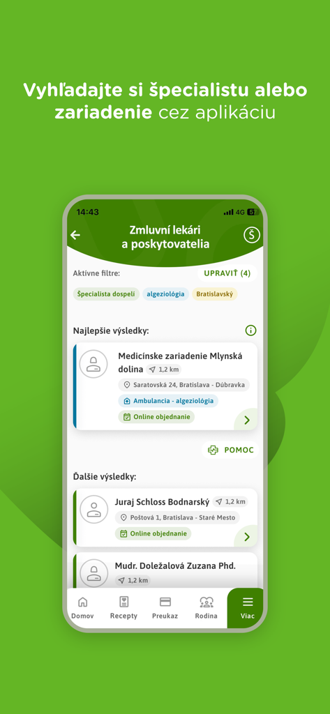 검색 필터와 함께 계약 의사 및 의료 시설 목록을 보여주는 Union 건강 보험 앱 인터페이스