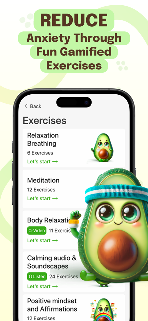 A list of gamified wellness exercises in the Avocado app featuring the 3D character Avo.
