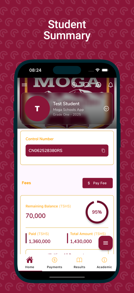 Pantalla móvil de Moga Schools App que muestra un resumen del estudiante con saldos de cuotas escolares y seguimiento del progreso de los pagos.