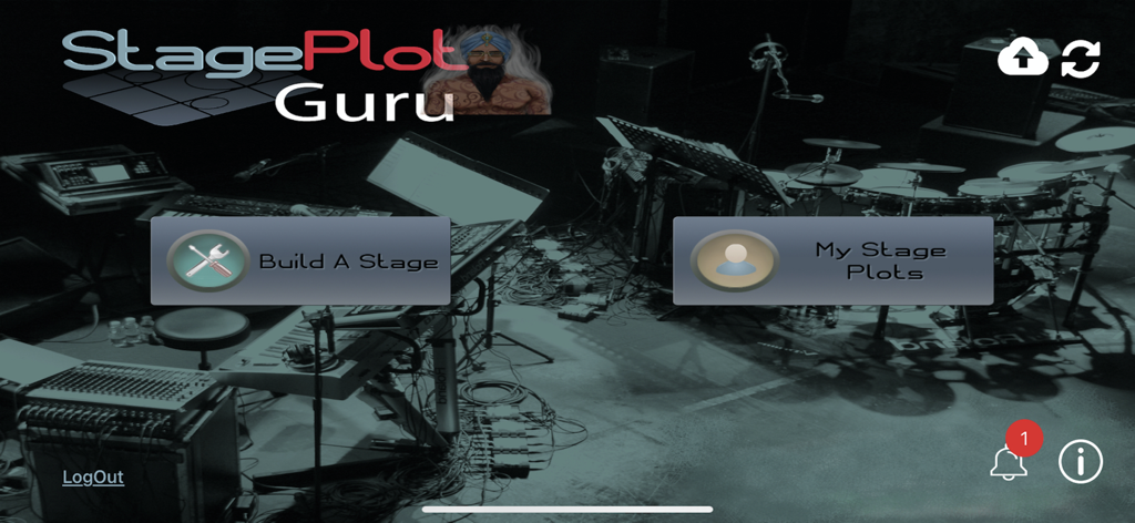 StagePlot Guru - Main menu of the StagePlot Guru app showing options to build a stage or view saved stage plots.