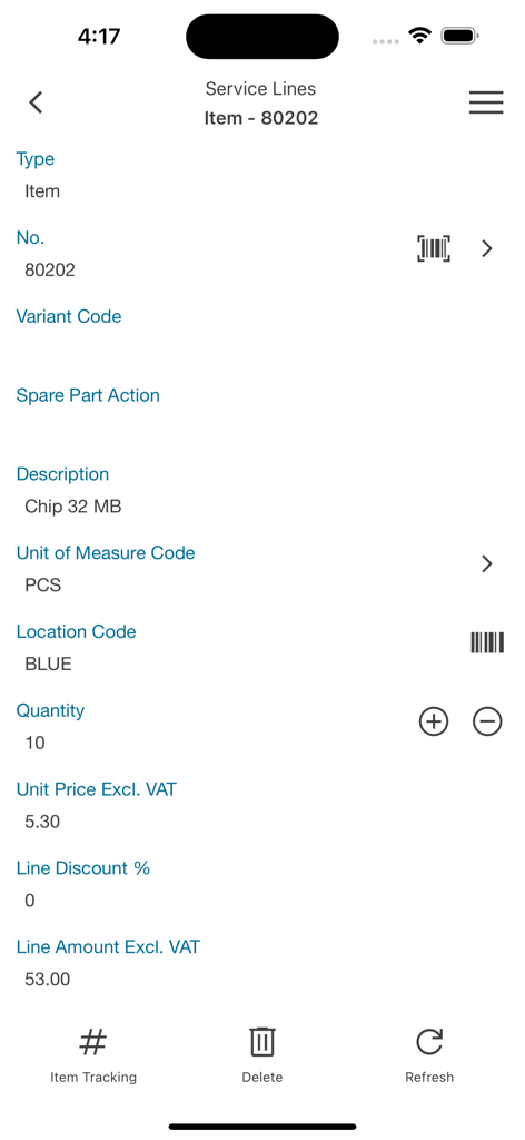 Interfaccia mobile MobileNAV che visualizza i dettagli delle righe di servizio per un articolo, incluse informazioni su quantità e prezzo.