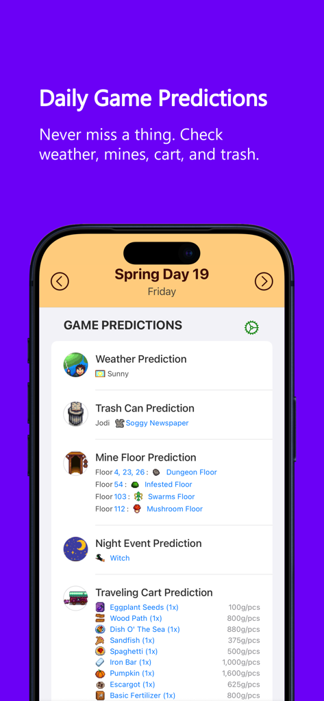 Stardew Valley companion app showing daily game predictions for weather, mines, and the traveling cart.