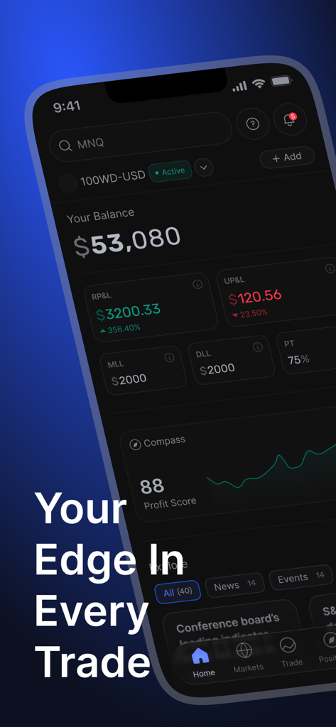 tradesea - Tableau de bord de l'application mobile tradeSea affichant le solde du compte, les métriques de profit et de perte, et le score de performance