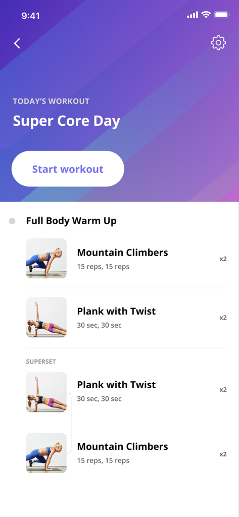 Everfit - Train smart - Everfit app interface showing a super core day workout plan with exercises like mountain climbers and planks