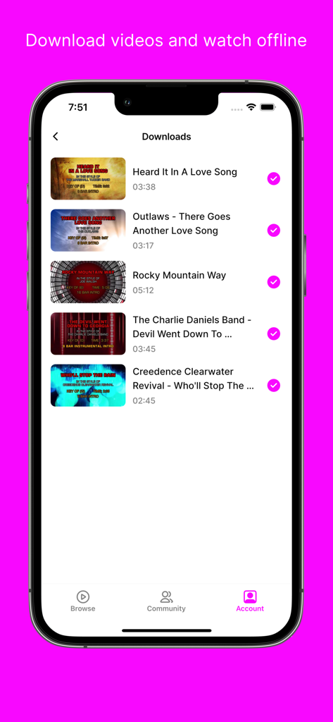 Karaoke on Demand - The downloads screen in the Karaoke on Demand app showing a list of songs available for offline singing