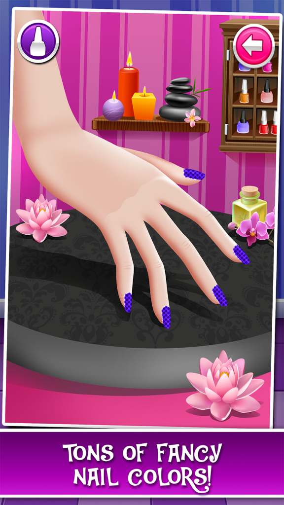 High School Prom Salon: Spa, Makeover, and Make-Up Beauty Game for Little Kids (Boys & Girls) - A game screen showing a manicure being performed with purple patterned nail polish in a spa setting with candles and flowers.