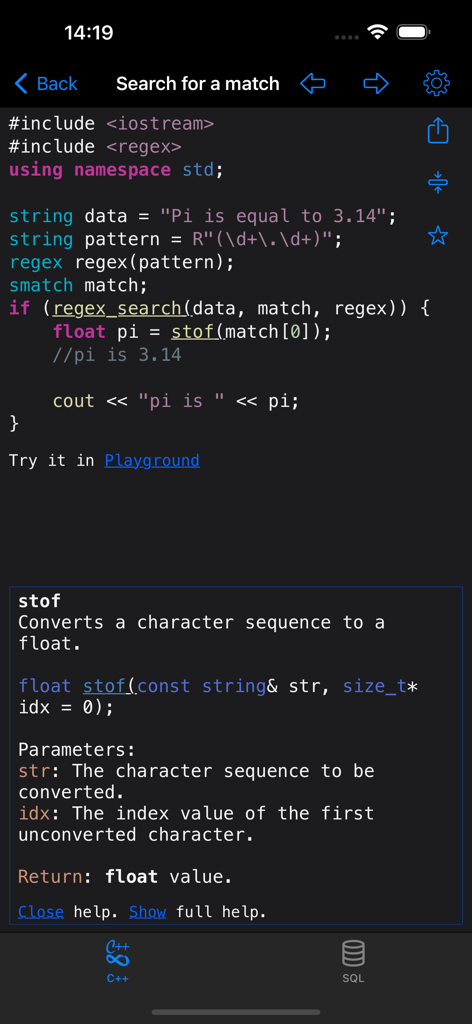C++ Recipes - C++ Recipes app displaying a code snippet for regex search and documentation for the stof function.
