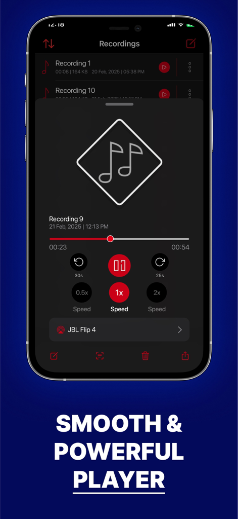 Voice Recorder : HD Recorder - Voice Recorder HD app player interface showing playback speed controls and audio seeking options