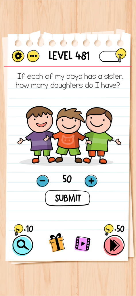 Brain Test: Tricky Puzzles - Um nível de quebra-cabeça de lógica de Brain Test fazendo uma charada sobre irmãos com três meninos de desenho animado