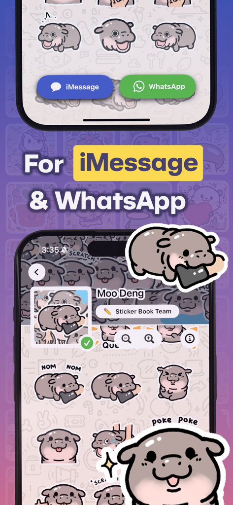 Interface de l'application Sticker Book montrant des stickers Moo Deng pour iMessage et WhatsApp