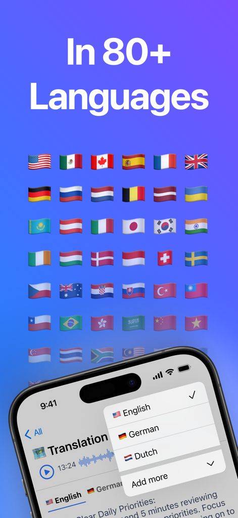 VoicePen app screen showing translation features and support for over eighty languages represented by flags
