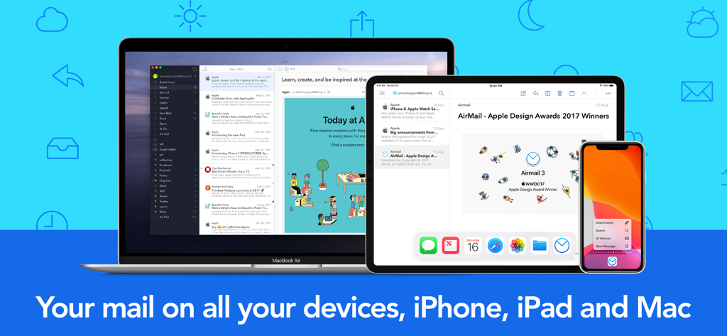 Airmail for Gmail Outlook IMAP - Airmail E-Mail-Client angezeigt auf einem MacBook, iPad und iPhone, die nahtlose Synchronisierung zeigen