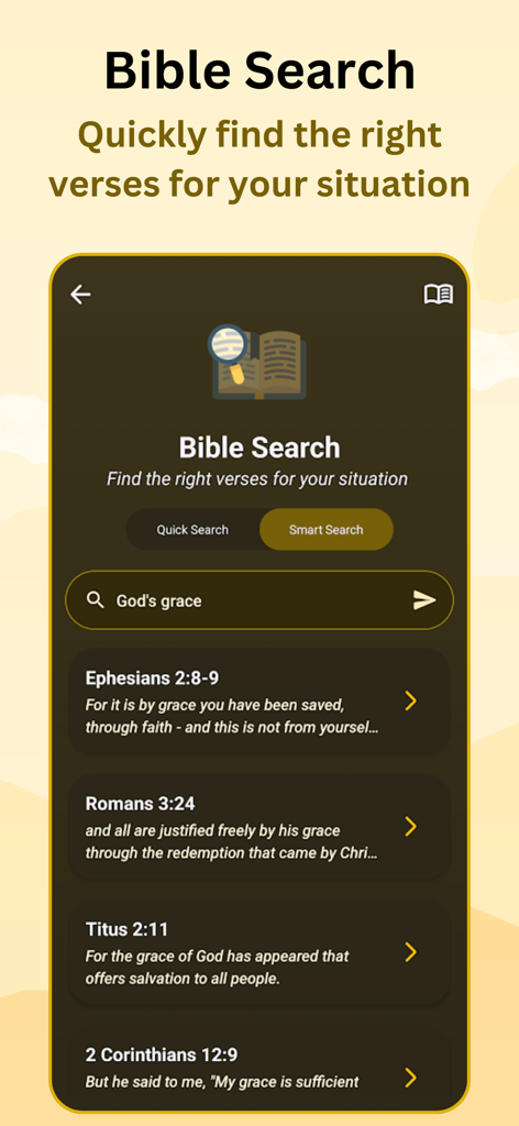Torch - Bible Chat - A mobile app screen for Torch Bible Chat showing search results for God's grace with relevant scripture verses.