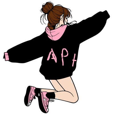 realistic girl jumping with a bun and oversized sweatshirt