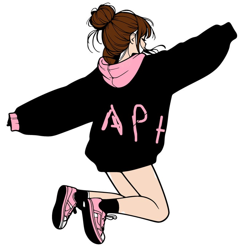 realistic girl jumping with a bun and oversized sweatshirt