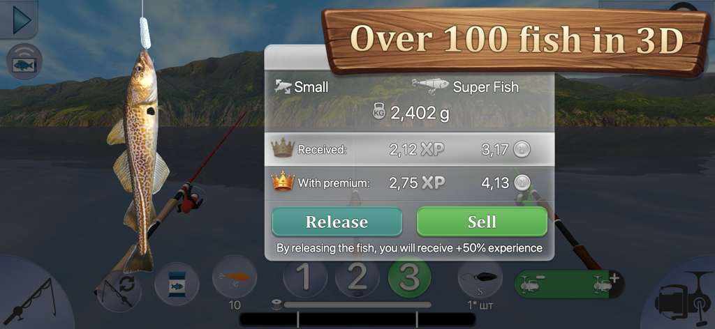 True Fishing 2 - Gameplay screenshot of True Fishing 2 showing a 3D fish catch with options to release or sell